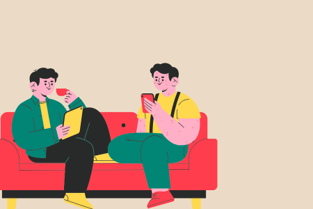 ソファに座っている2人の男性のイラスト。リラックスしながら自分に合ったクレジットカードを探している様子を表現。