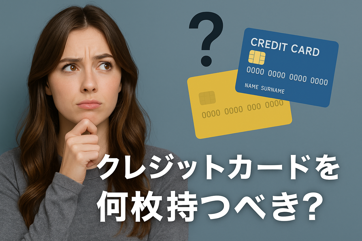 クレジットカードを何枚持つべきか考える表情のリアルで可愛い女性と、2枚のカードと疑問符が描かれた横長のアイキャッチ画像