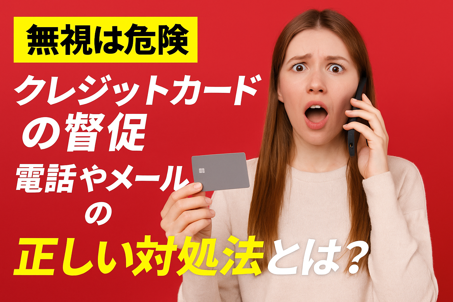 驚いた表情の女性がスマホとクレジットカードを手にしている画像。背景は赤で、クレジットカードの督促に対する緊急性と注意喚起を強調する構図。