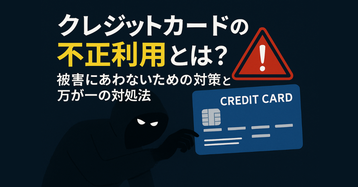 クレジットカードの不正利用を警告するイラスト。暗い背景にフードをかぶった人物がカードを狙う構図で、赤い警告マークとクレジットカードが強調されている。