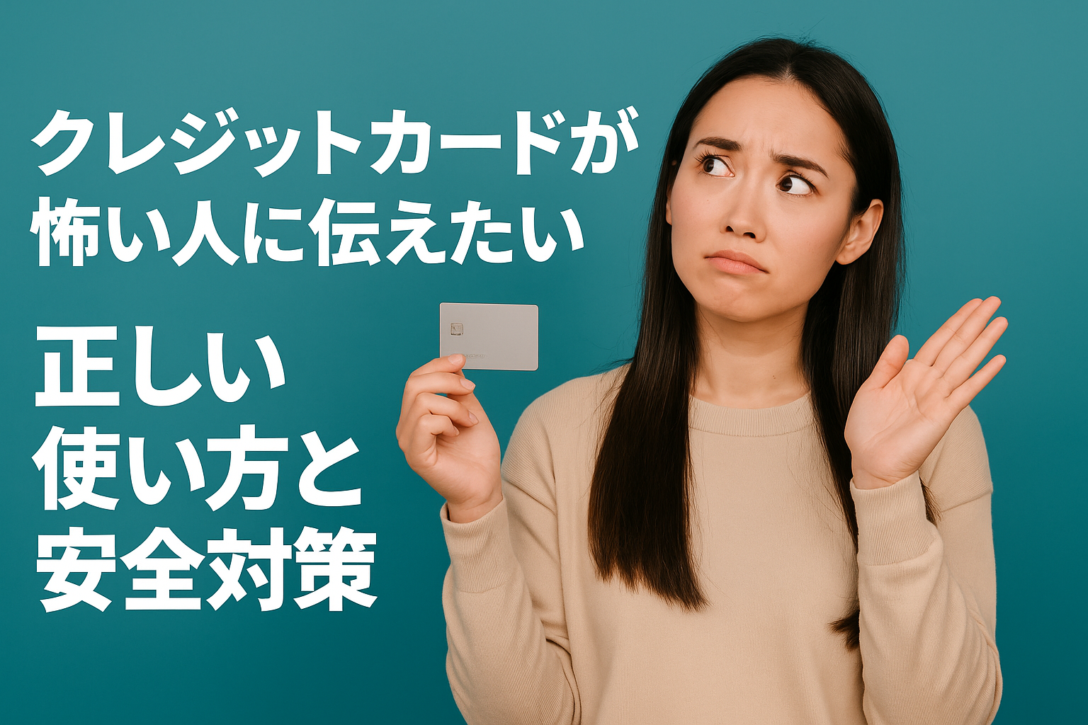 クレジットカードに対して不安を感じる女性が慎重にカードを手に取っている様子。安全な使い方と対策を象徴する構図。
