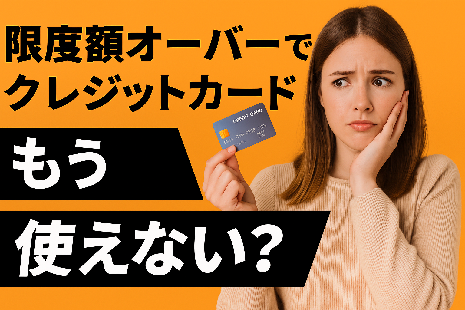 限度額オーバーに不安を感じている若い女性が、青いクレジットカードを持って悩んでいる様子を横長構図で表現したアイキャッチ画像。「もう使えない？」という不安をビジュアル化。