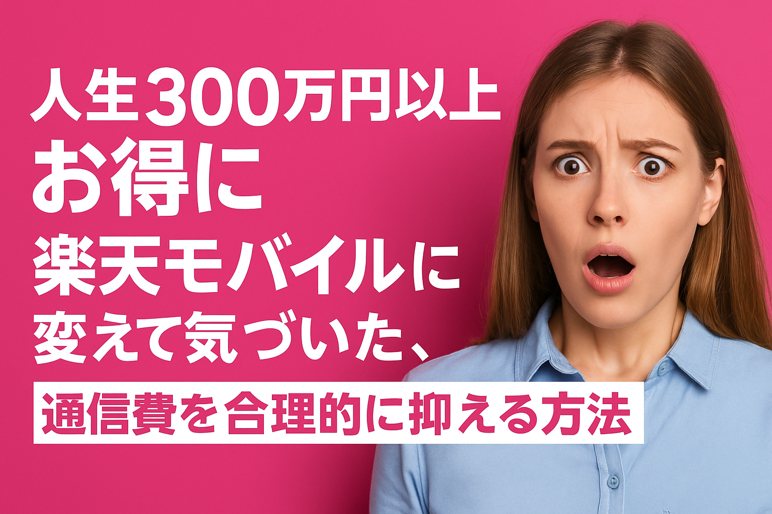 楽天モバイルの通信費節約に驚く女性のイラスト。背景は楽天モバイルらしい明るいピンクで、節約効果と合理性に気づいた瞬間を表現している。