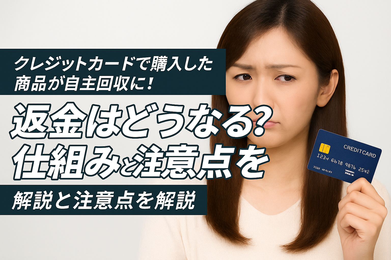 クレジットカードの返金処理に困っている女性の写真と「自主回収で返金される？クレジットカード払いの注意点」などの日本語テキストが入ったアイキャッチ画像